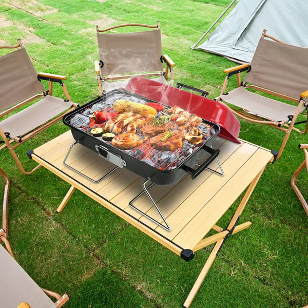 Portable Folding Charcoal Tabletop BBQ Grill with Lid