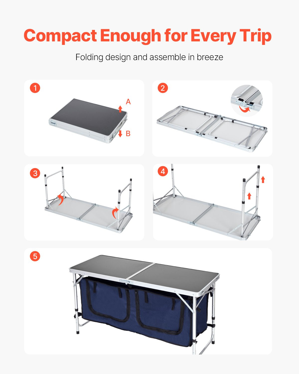 Folding Camping Kitchen Table 3-Height Aluminum Cook Station