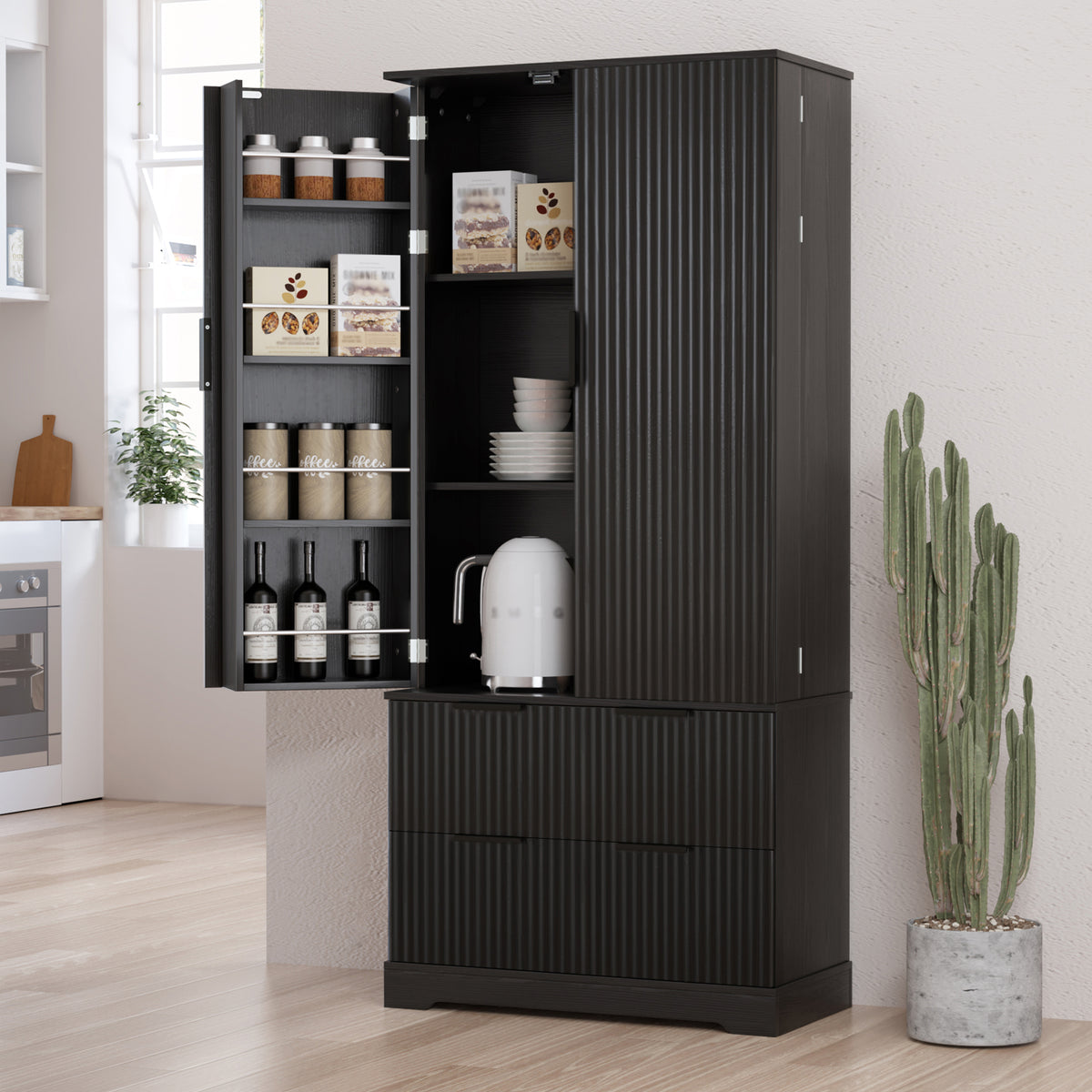 72" Modern Fluted Kitchen Pantry Cabinet With 2 Large Drawers &