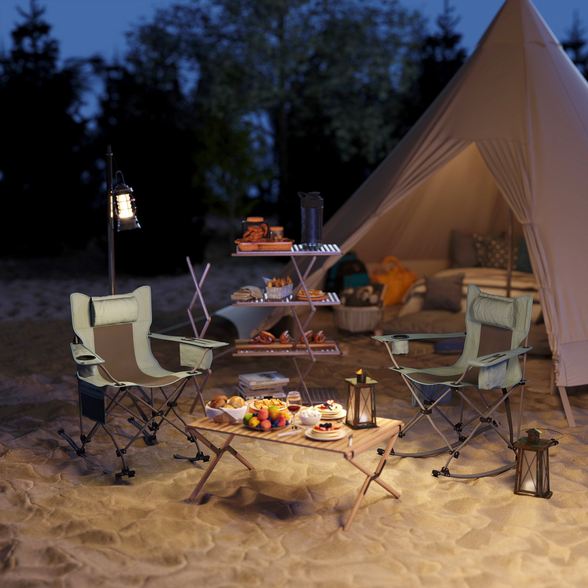Folding Rocking Camping Chair 2-Pack with Headrest & Cooler