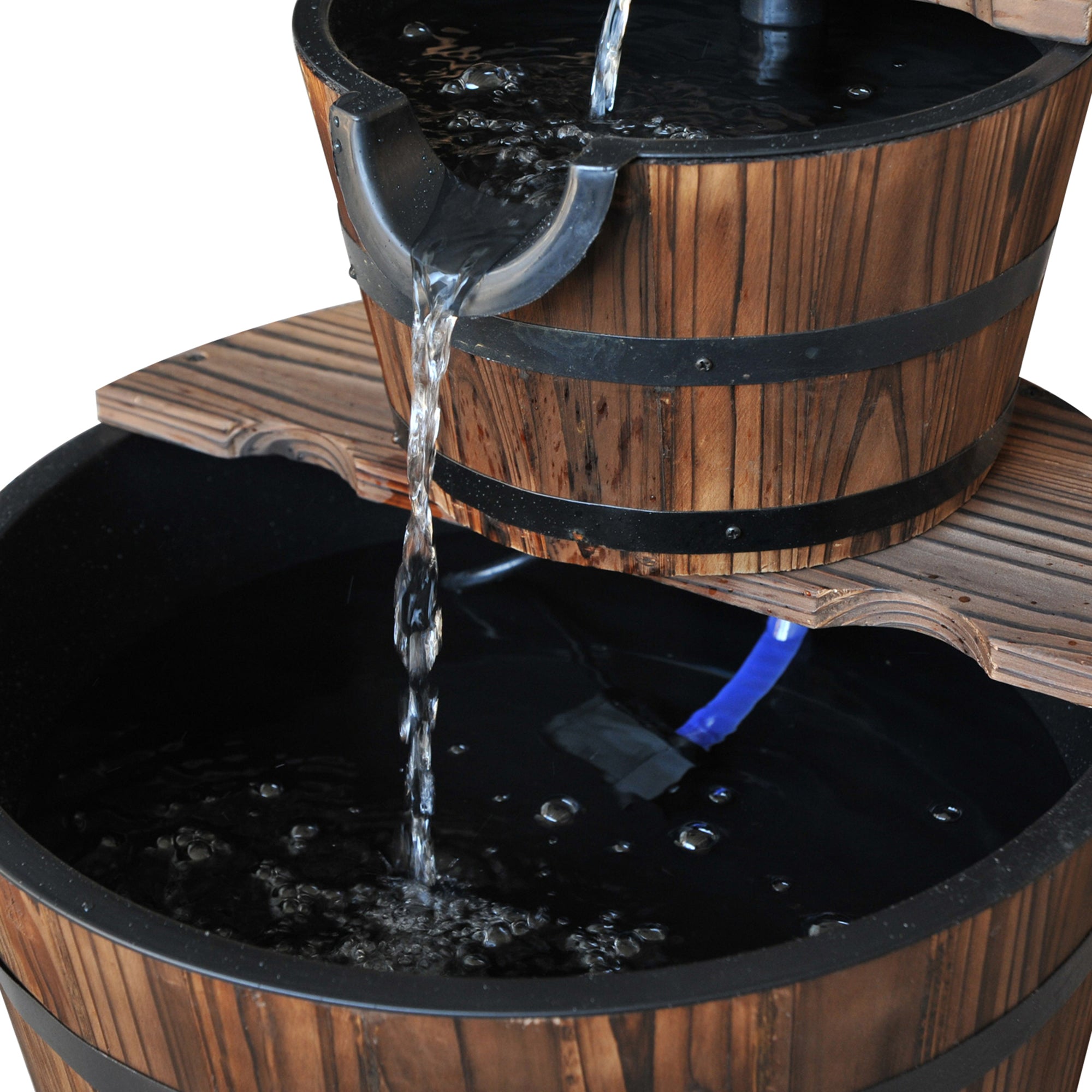 Wood 2-Tier Waterfall Barrel Fountain with Electric Pump