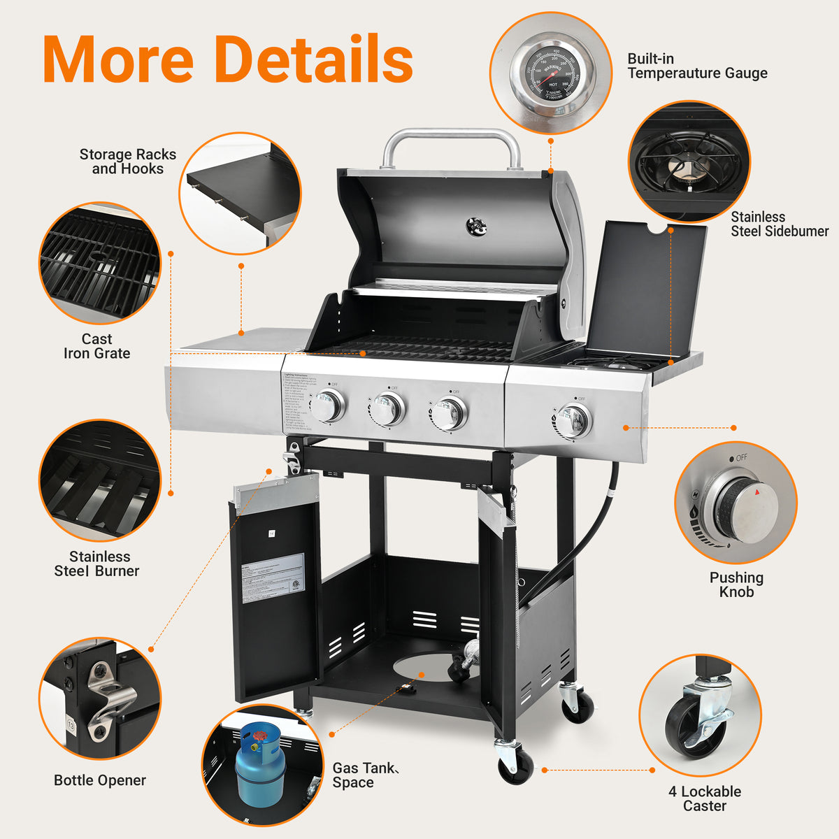 3-Burner Propane Gas Grill With Side Burner
