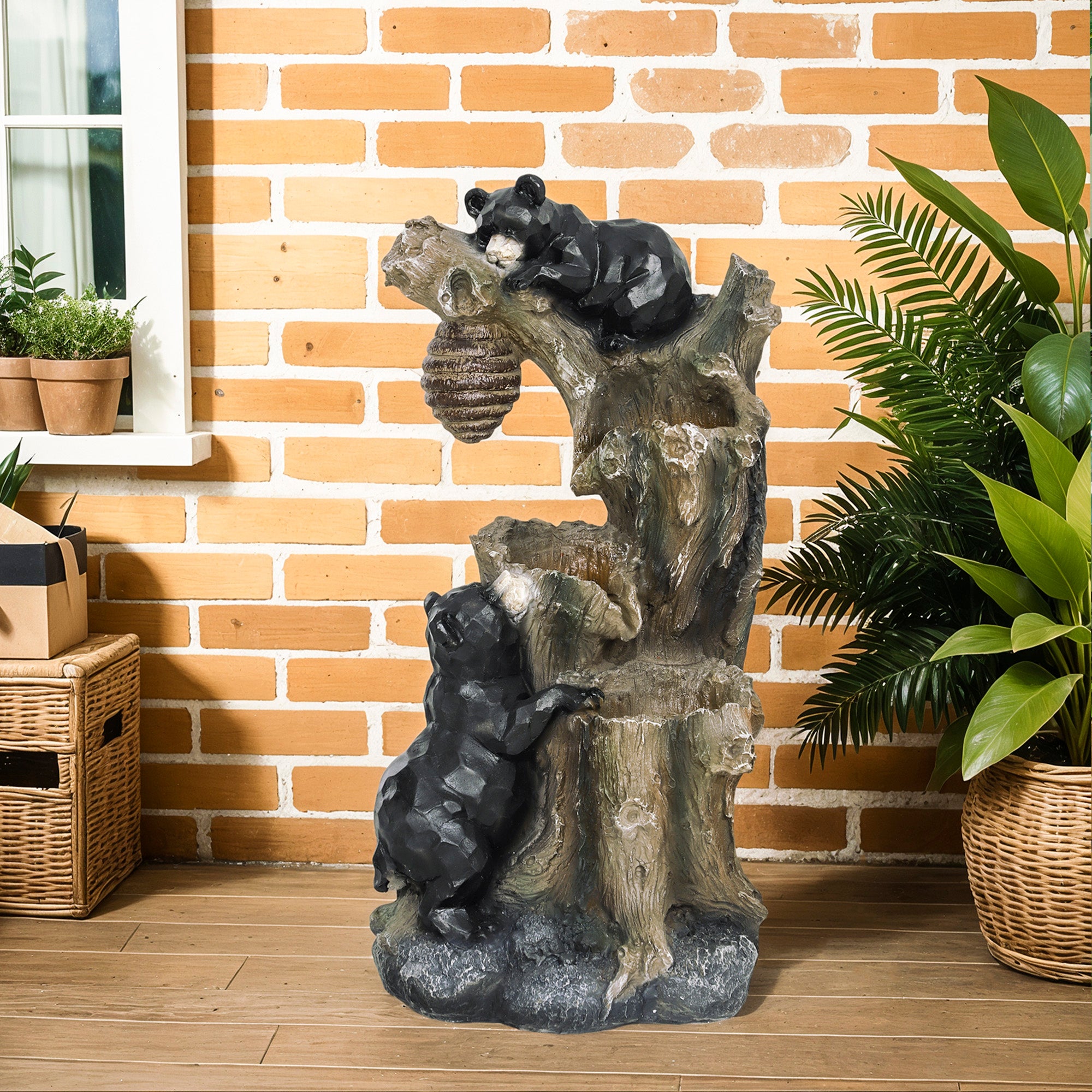 22.4" 3-Tier Resin Bear Beehive Outdoor Fountain with LED