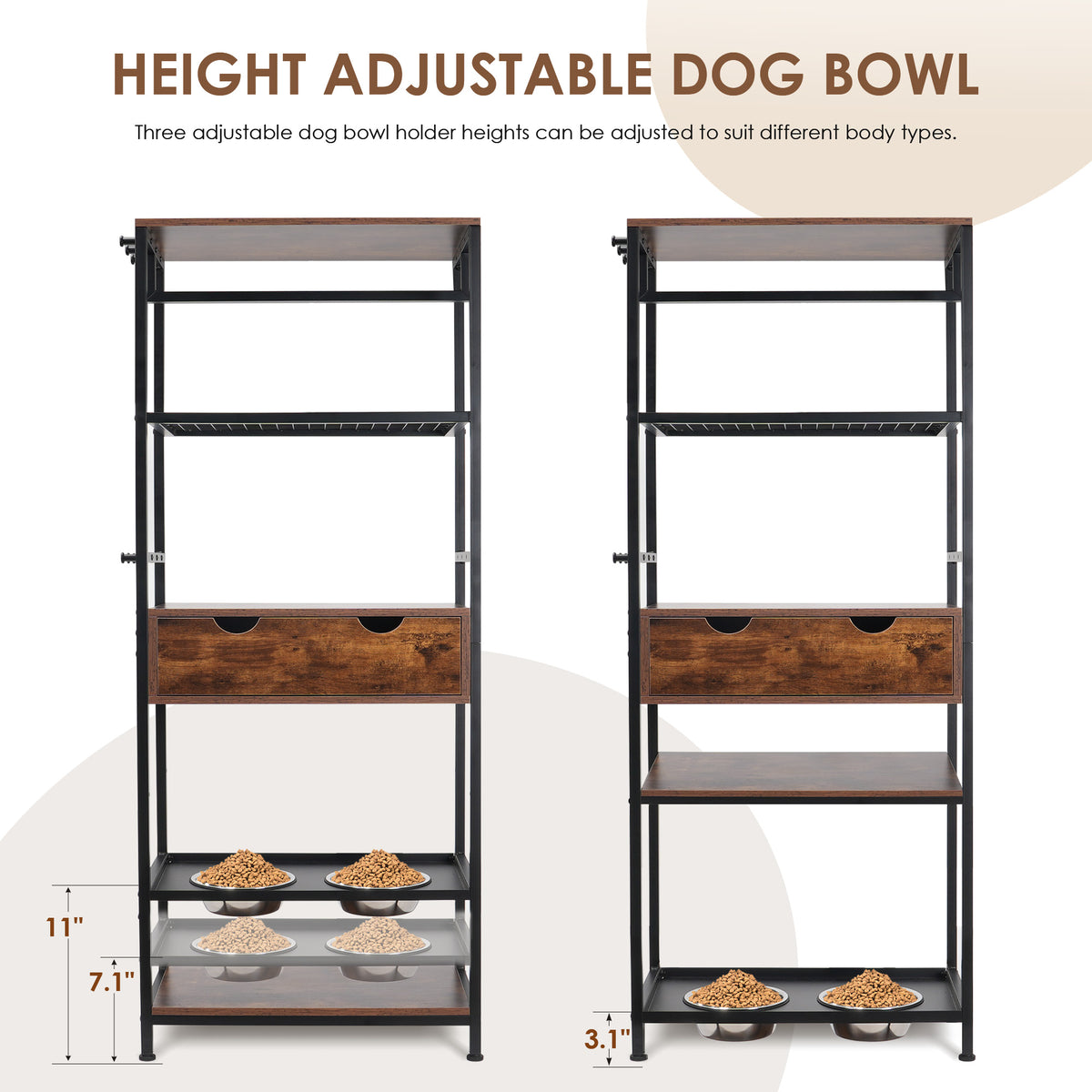 3-Height Adjustable Raised Dog Feeding Station w/ Storage