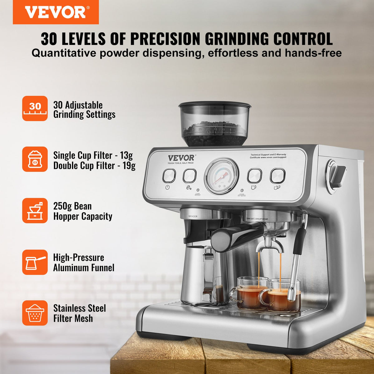 15 Bar Semi-Automatic Espresso Machine with Grinder & Milk Frother
