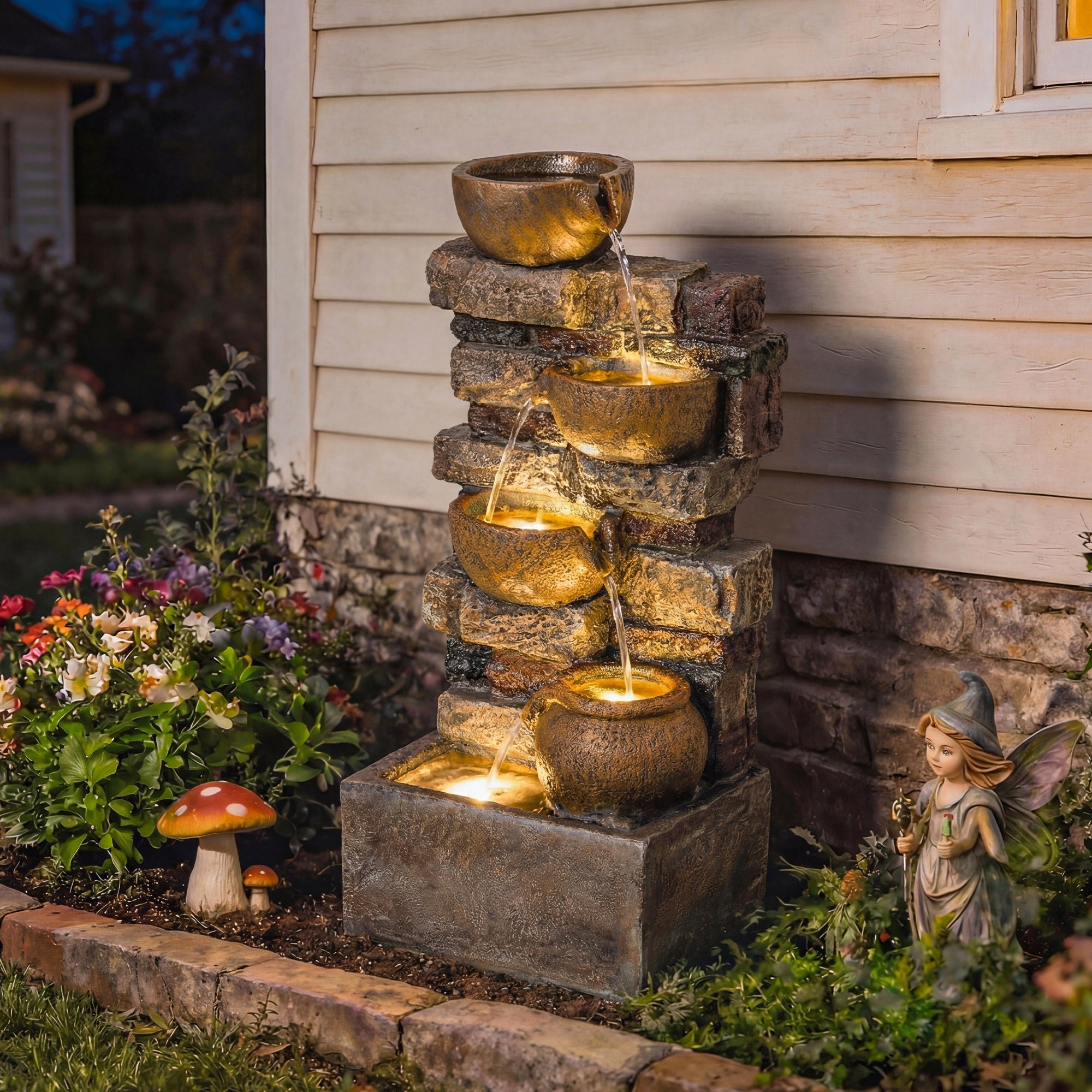28" Outdoor Fountain 5-Tier Rustic Jugs Cascading Waterfall