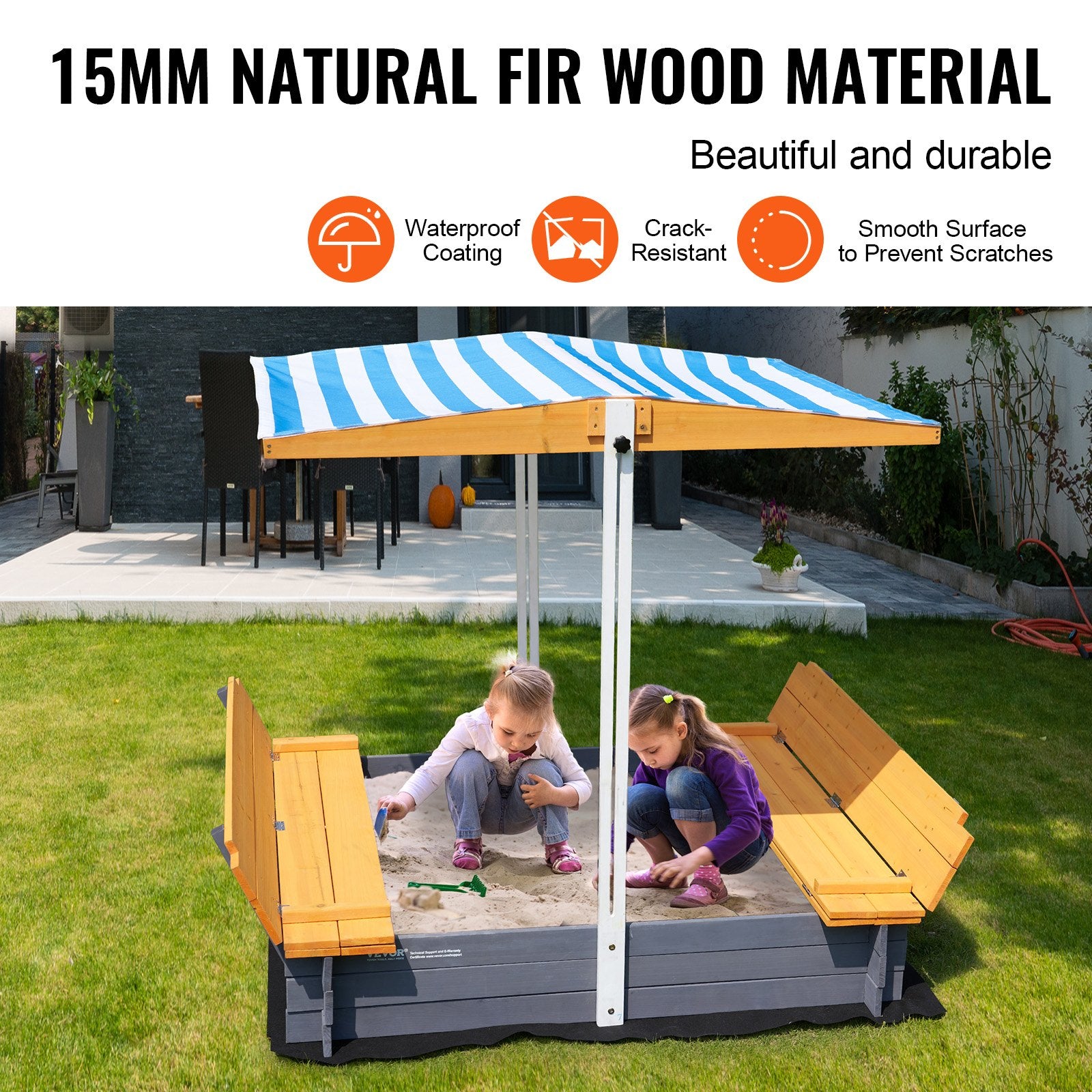 Wooden Sandbox with Canopy & Bench Seats, 57x47 In