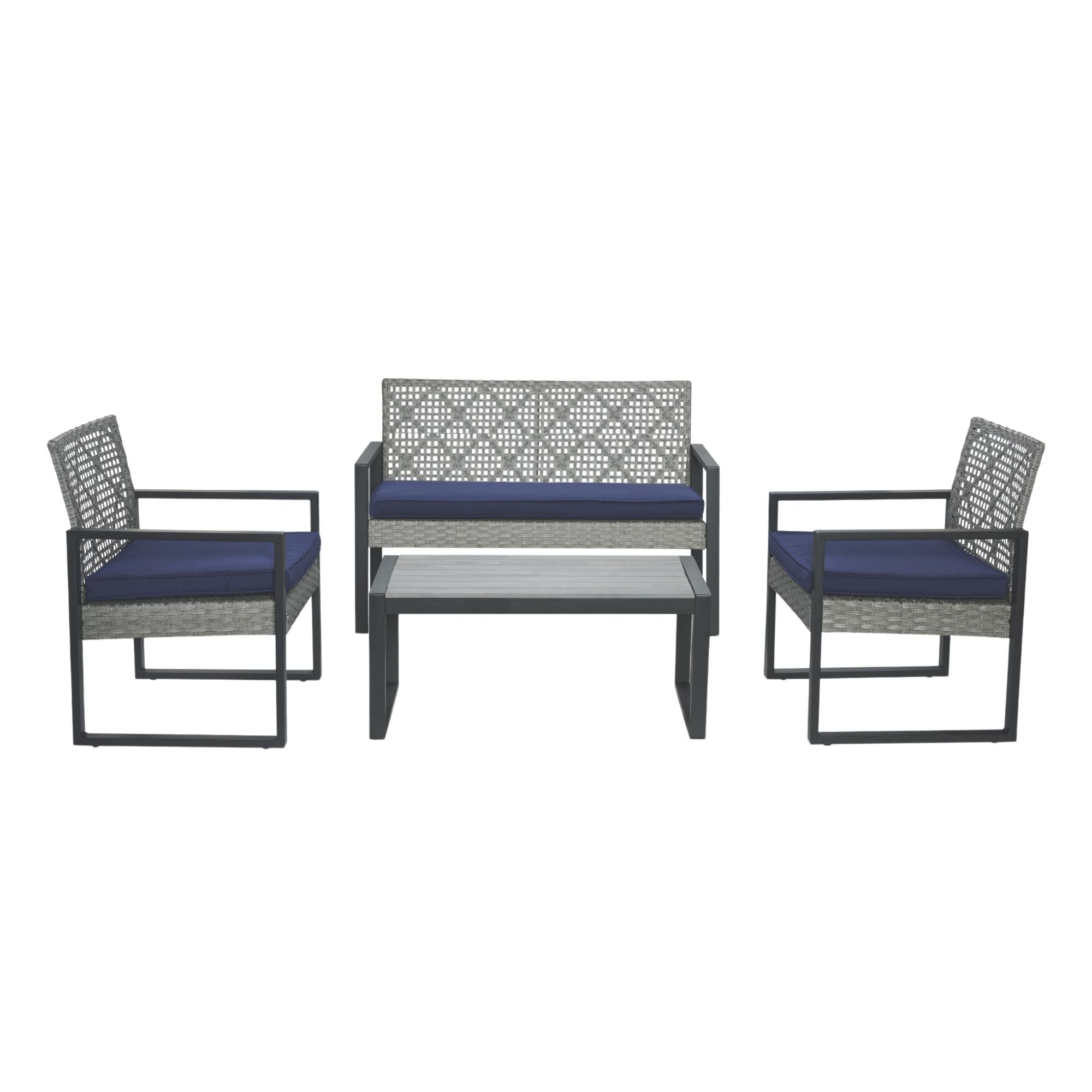 4-Piece Patio Set Acacia Wood & Rattan Blue Cushion