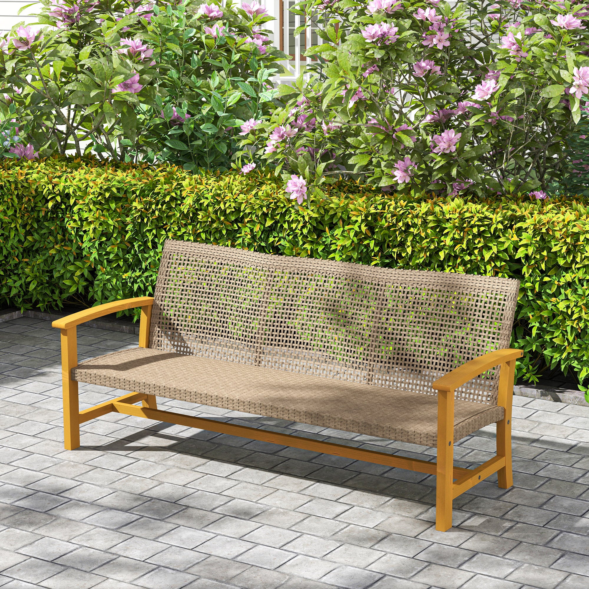 3-Seat Wicker Outdoor Couch with Acacia Wood & Steel Armrests