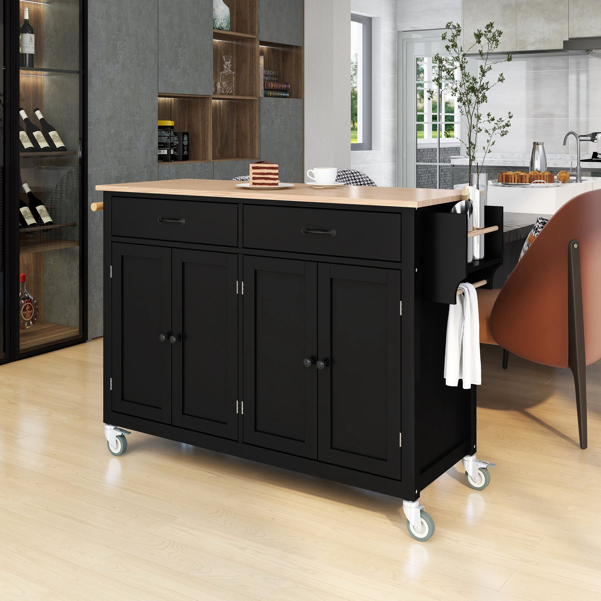 Kitchen Island Cart With Solid Wood Top And Locking Wheels