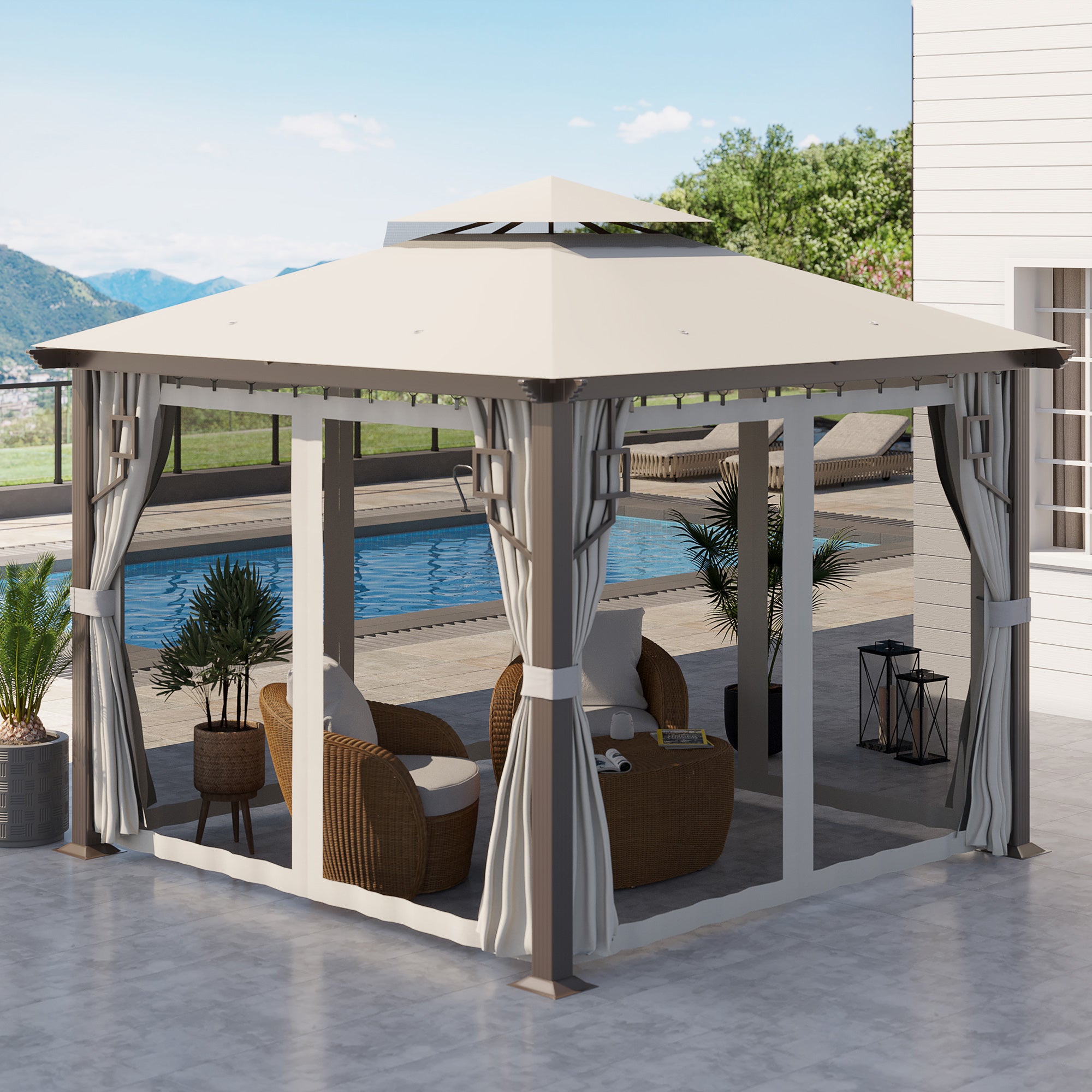 10x10 Patio Gazebo Double Roof Aluminum Frame Cream