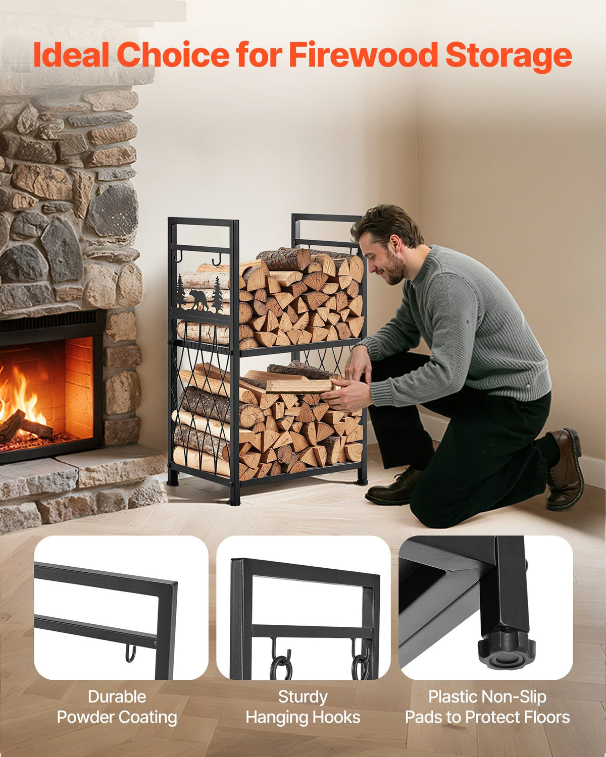 Indoor Firewood Rack 2-Tier 1.3 Ft with Tools