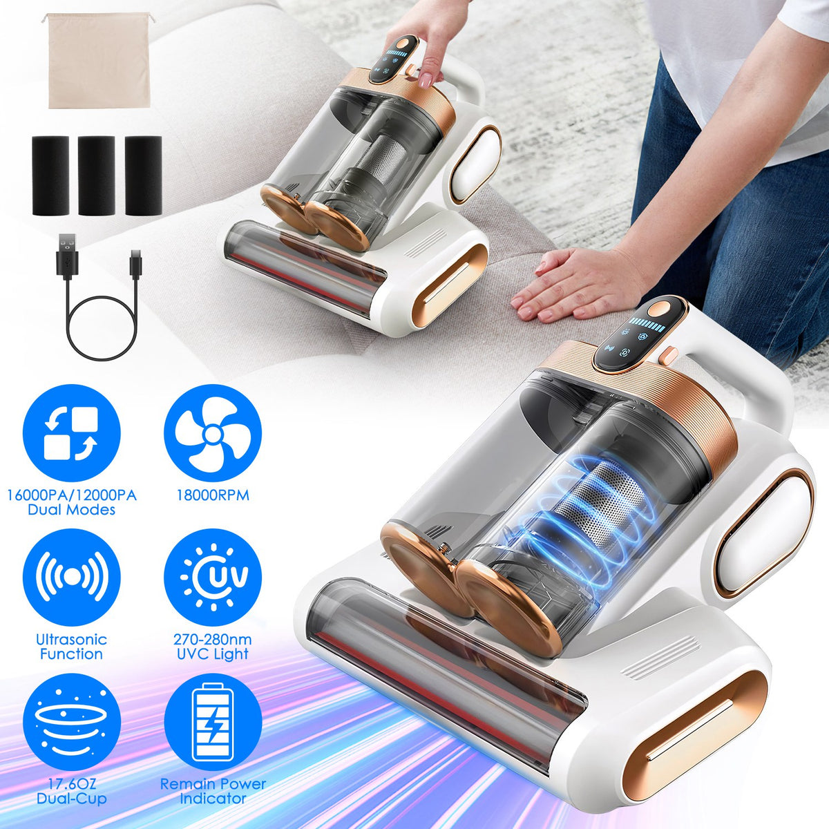 Mattress Vacuum Cleaner 16Kpa Handheld with UVC Light