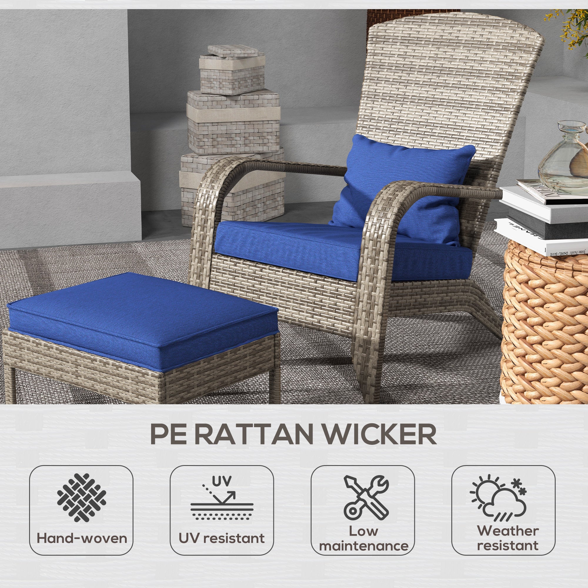 Wicker Adirondack Chair with Ottoman & Cushions, Blue