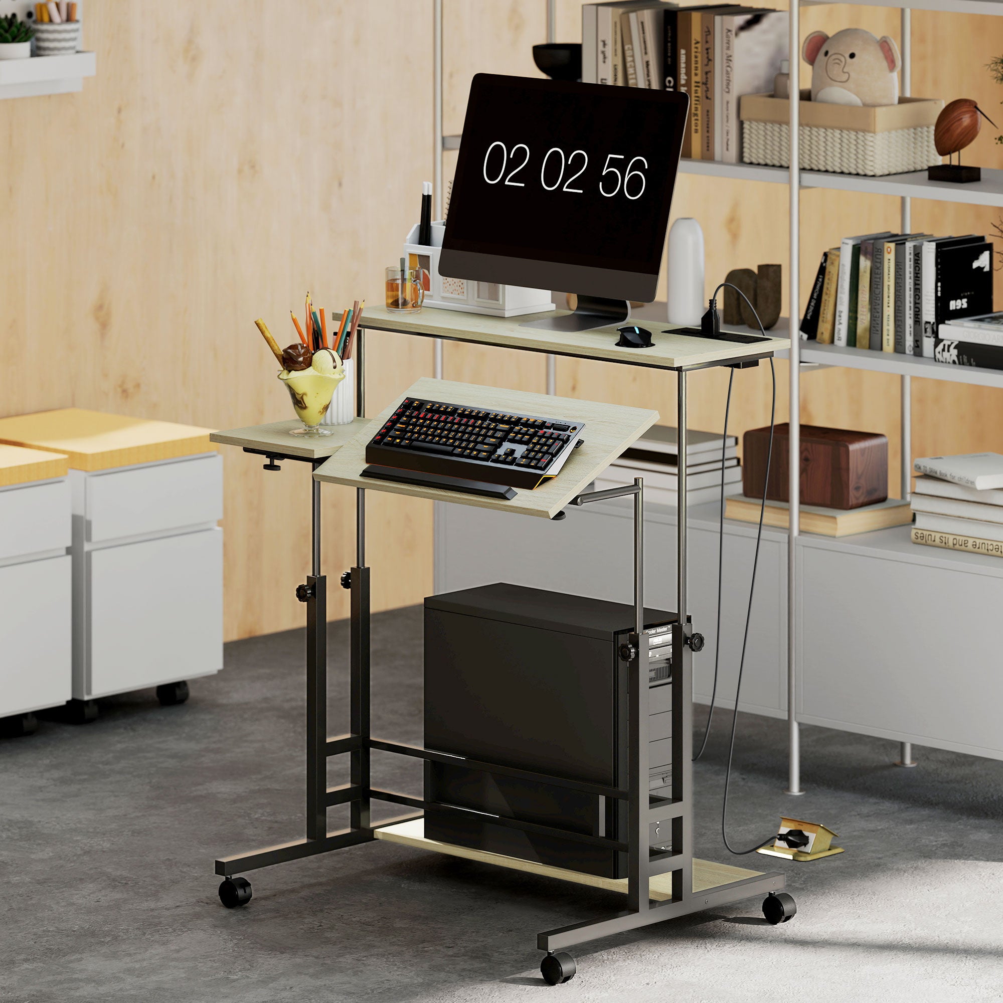 Adjustable Standing Desk with Power Outlets and Tiltable Top