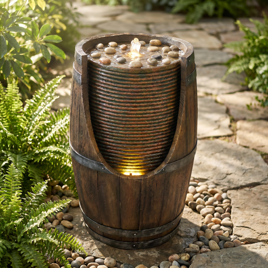 Rustic Barrel Water Fountain with LED Lights and Waterfall
