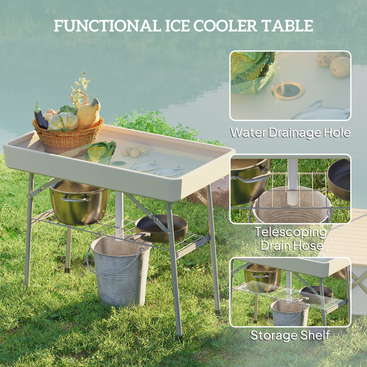 3.4ft Folding Cooler Table With Drain and Storage Shelf