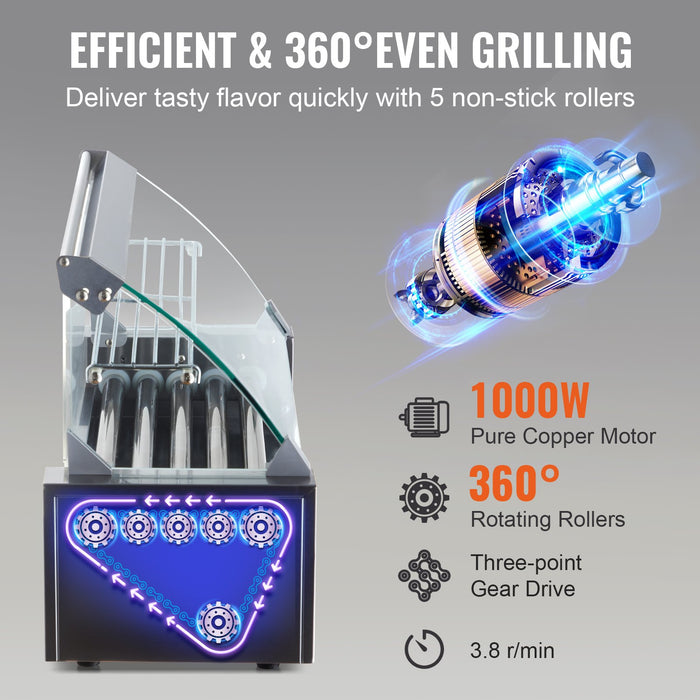 5-Roller Hot Dog Grill with Glass Hood and Bun Warmer