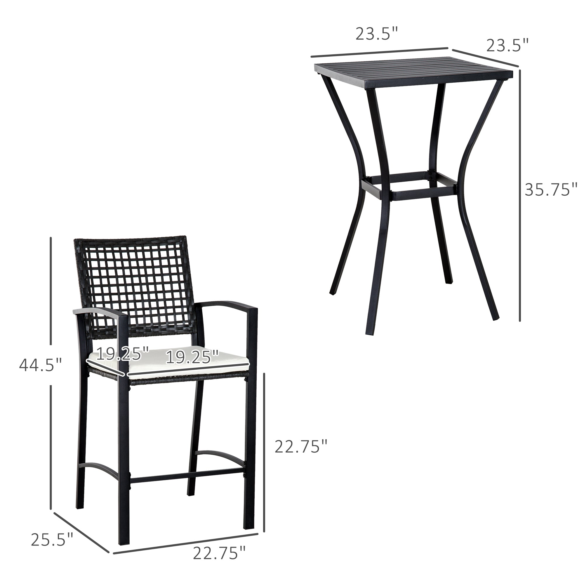 3-Piece Rattan Wicker Patio Bar Set with Cushions