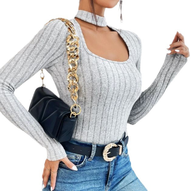 Personalized Neck U-Neck Long Sleeve Pit Striped Wool Knit T-Shirt