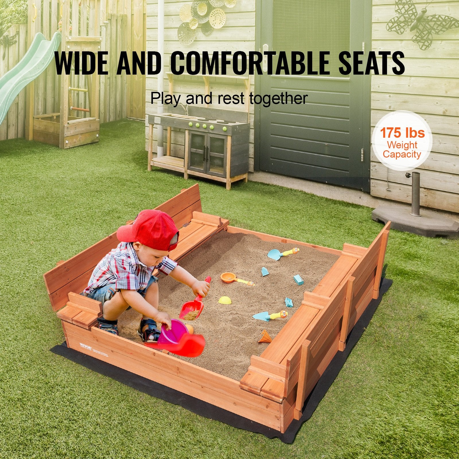 Wooden Sandbox with Foldable Bench Seats & Liner