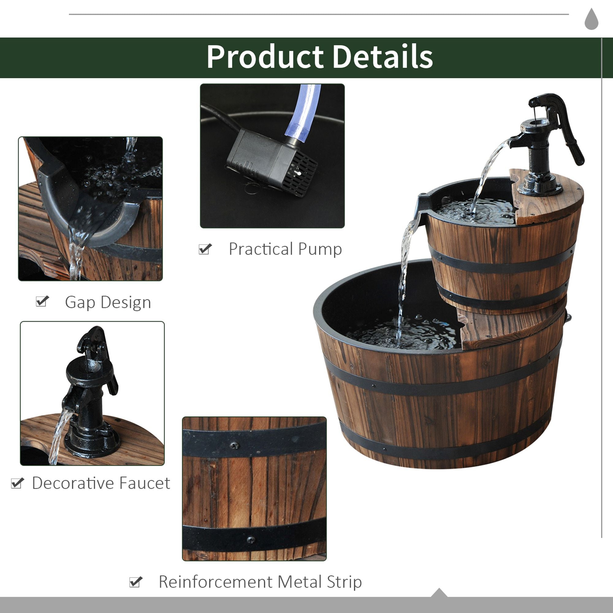 Wood 2-Tier Waterfall Barrel Fountain with Electric Pump