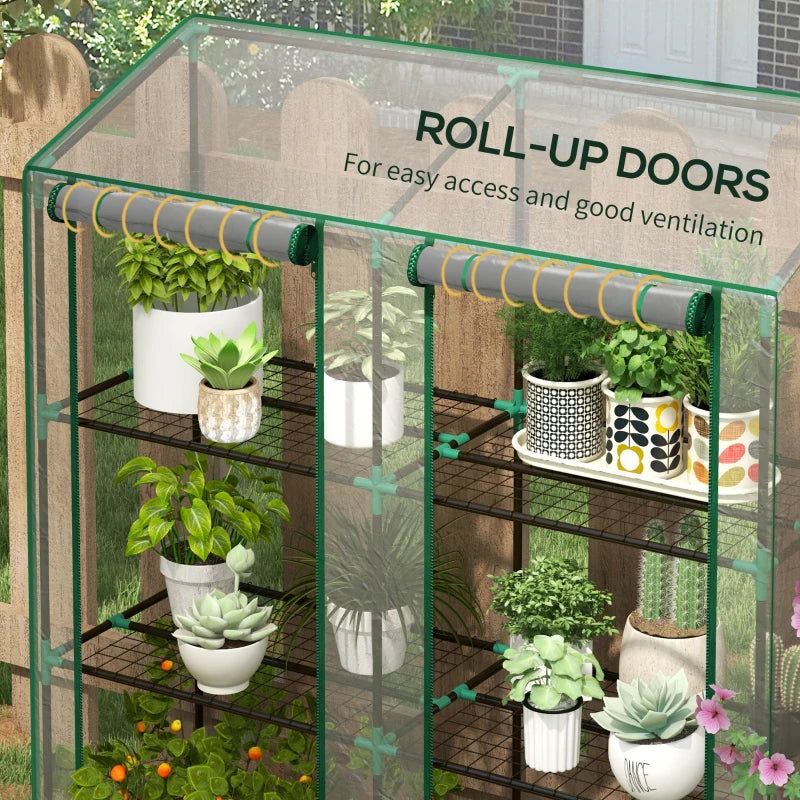 Lean-to Greenhouse with 3-Tier Shelves and Roll-Up Doors