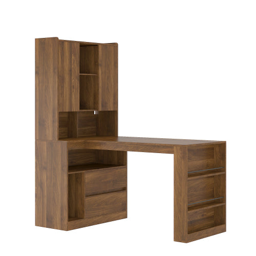 L-Shaped Corner Desk with Drawers and LED Light