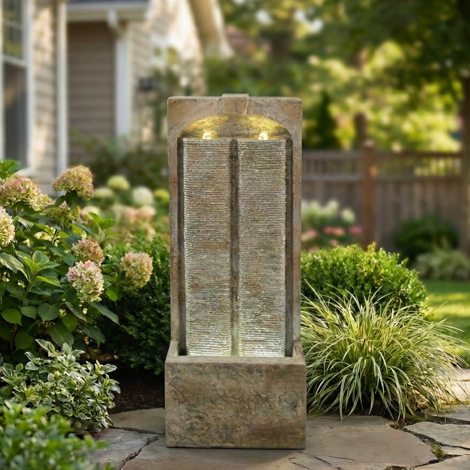 39 Inch Cascading Outdoor Water Fountain with LED Lights