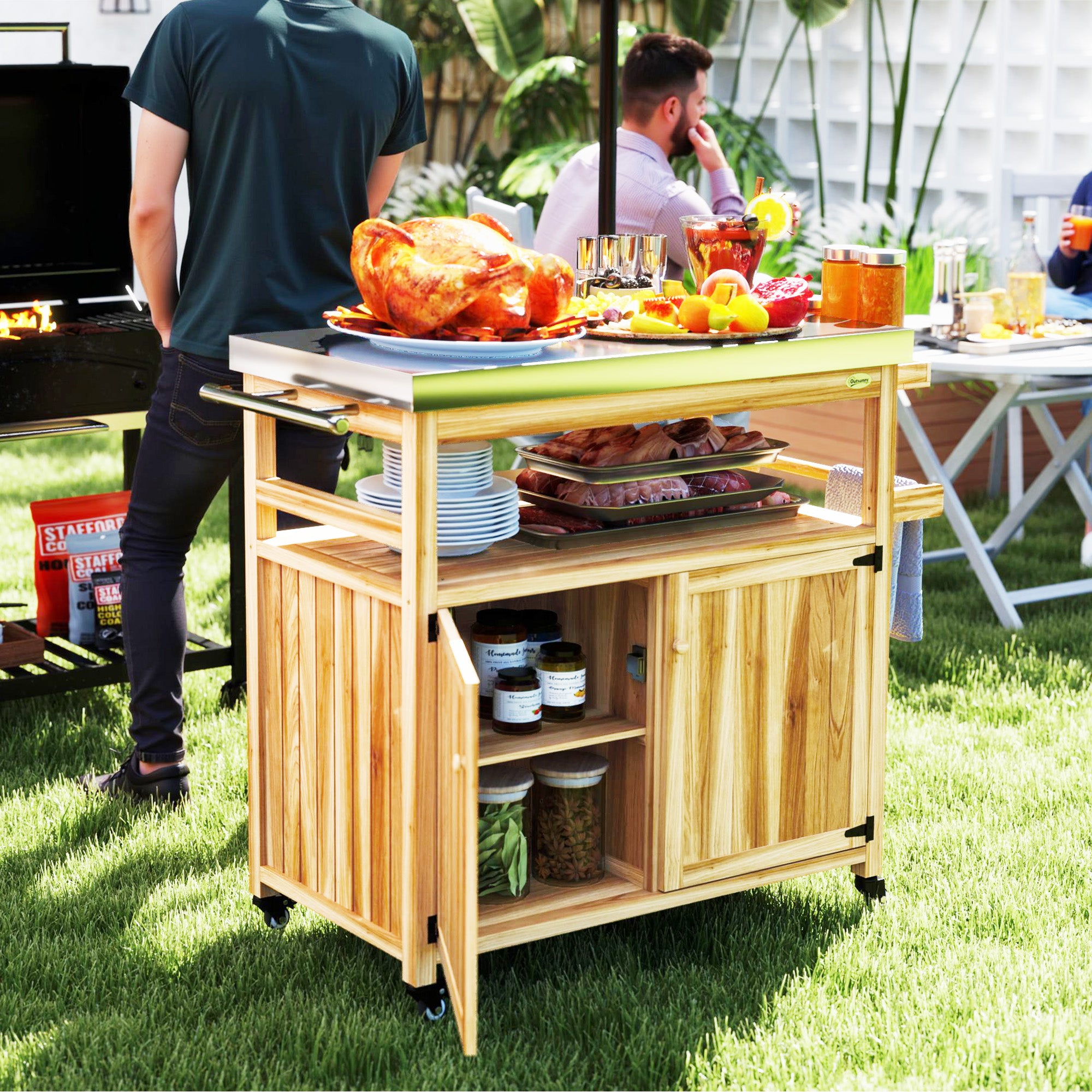 Outdoor Grill Cart with Stainless Steel Top & Wood Storage