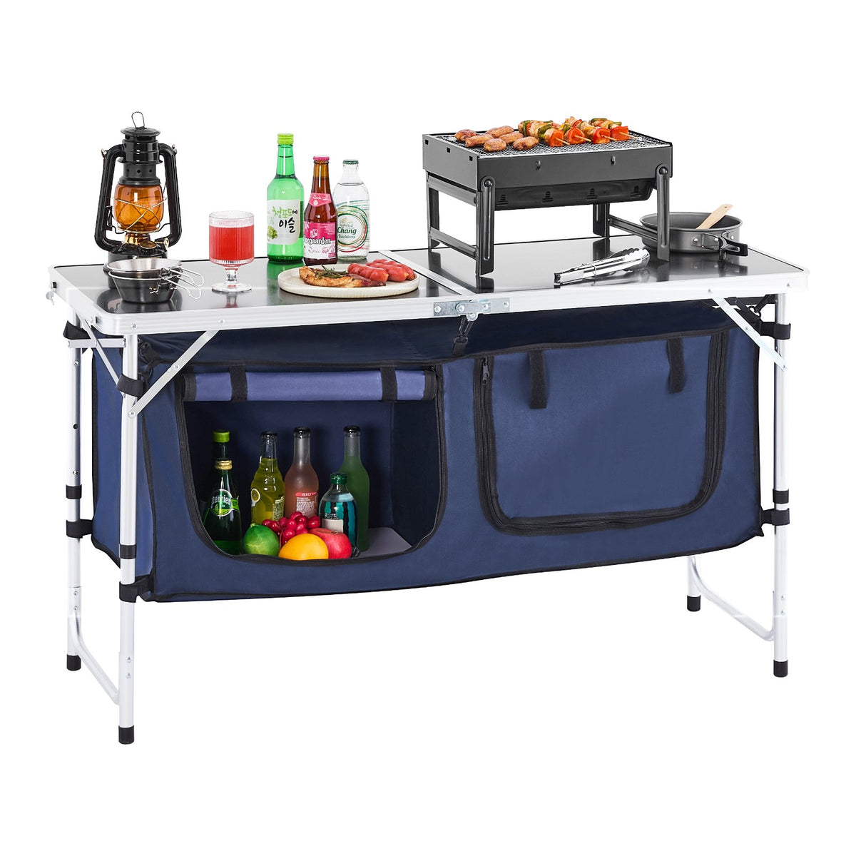 Folding Camping Kitchen Table 3-Height Aluminum Cook Station