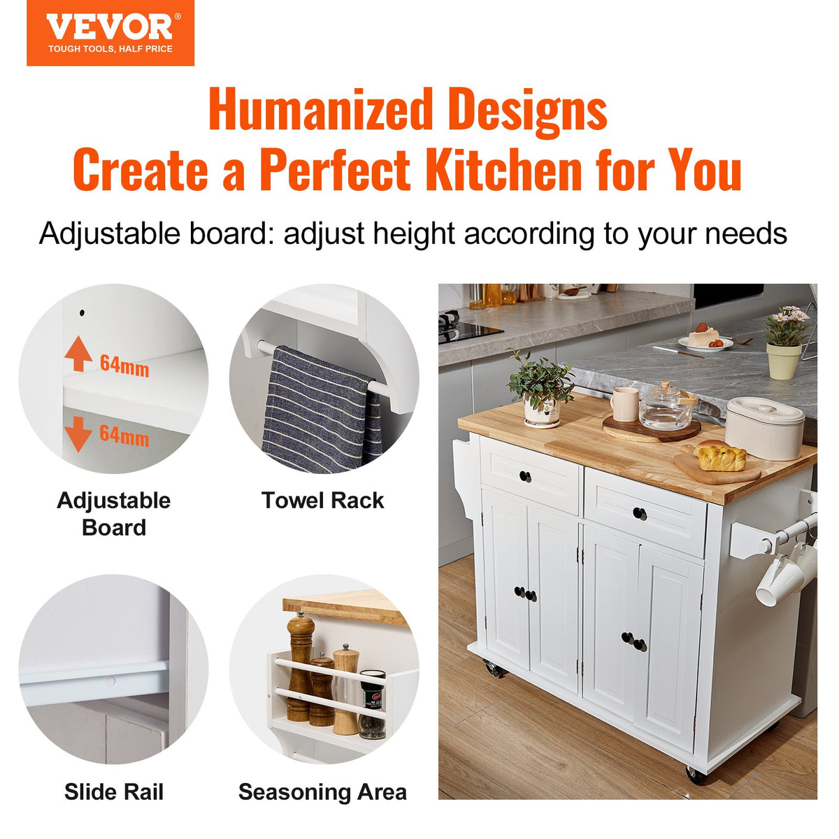 VEVOR Kitchen Island Cart With Solid Wood Top