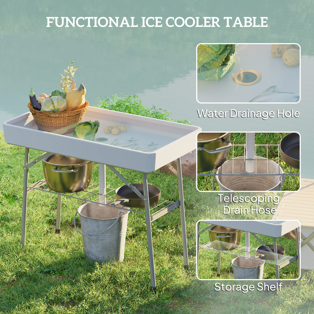 3.4ft Folding Ice Cooler Table with Drain and Storage Shelf