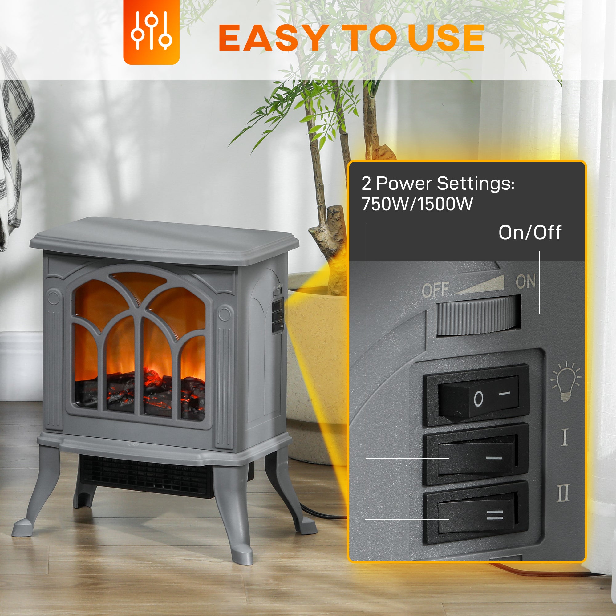 Freestanding Electric Fireplace Stove Heater, 750W/1500W Gray