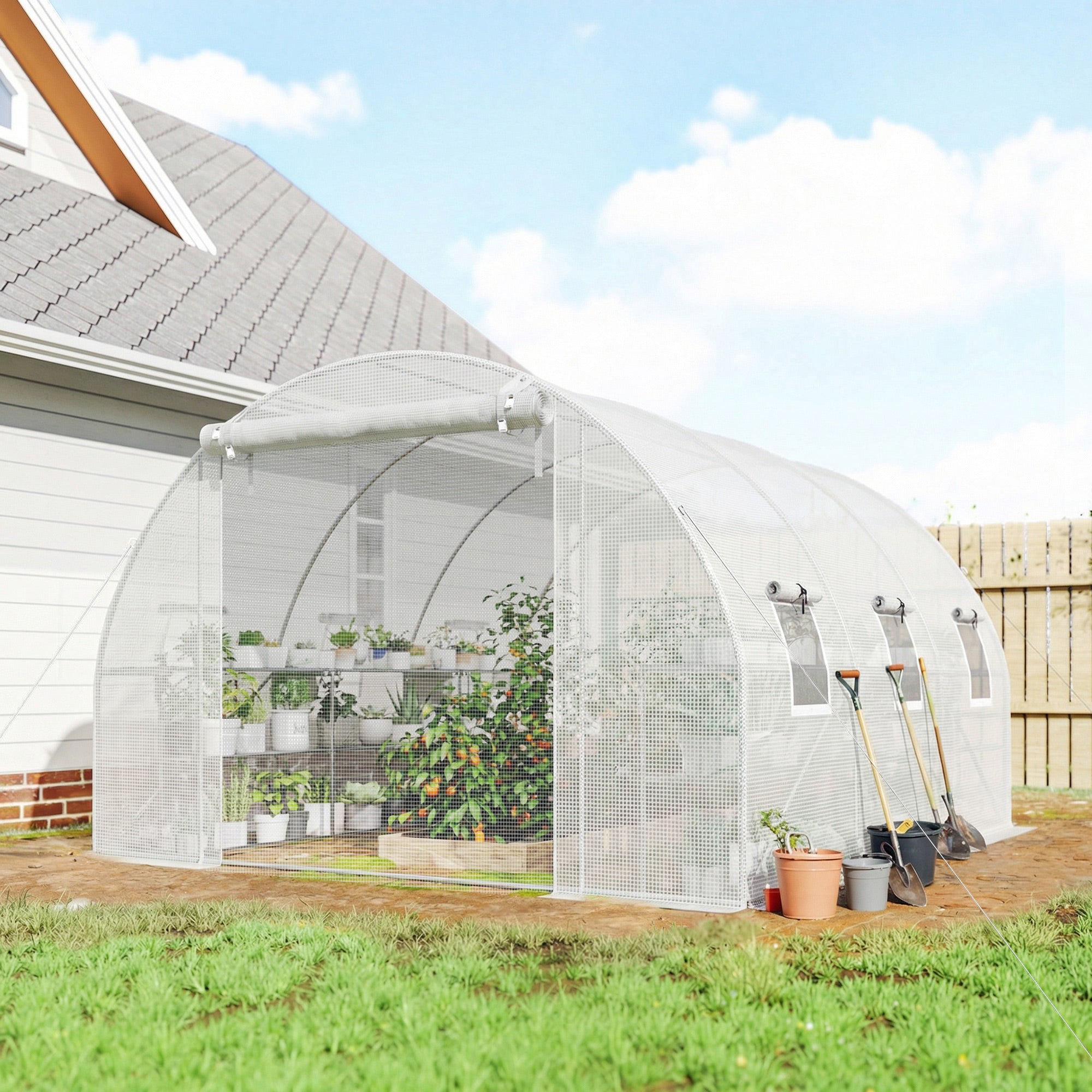 10x11x6 Walk-in Tunnel Greenhouse with Shelves and Mesh Door
