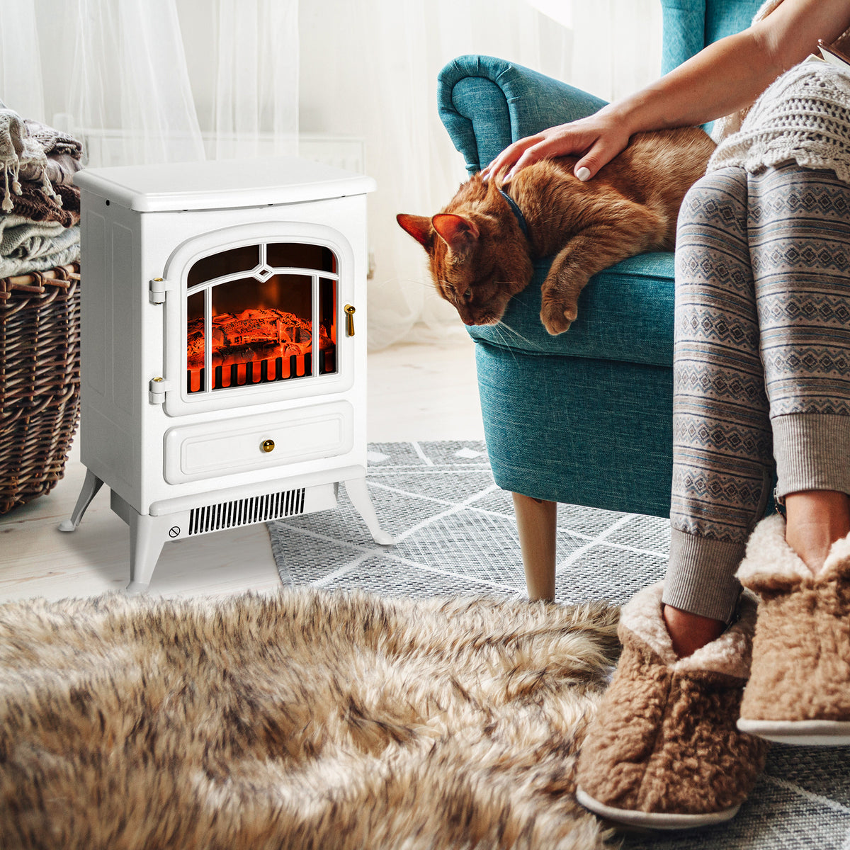 Electric Fireplace Stove Heater with LED Flames, 725W/1450W
