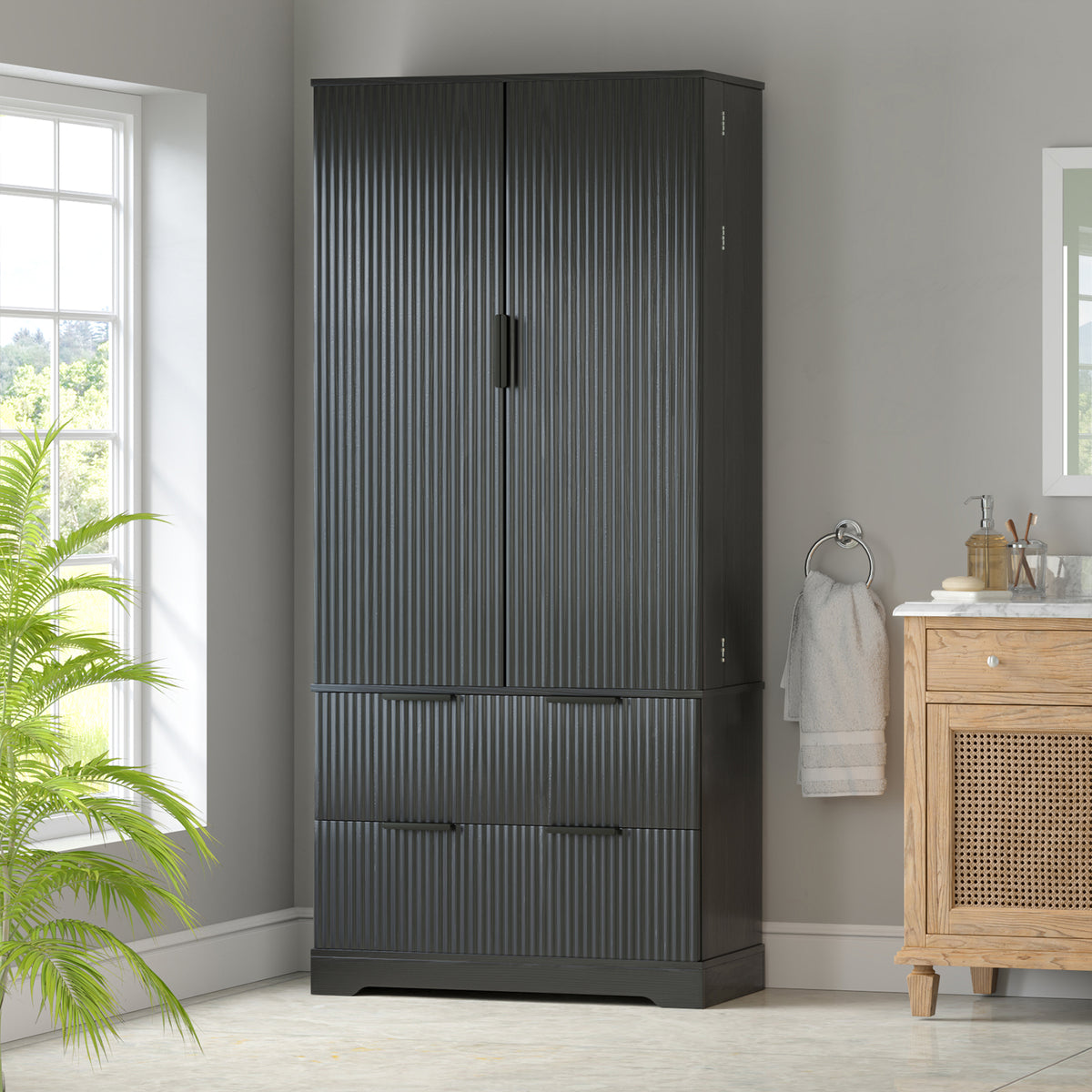 72" Modern Fluted Kitchen Pantry Cabinet With 2 Large Drawers &