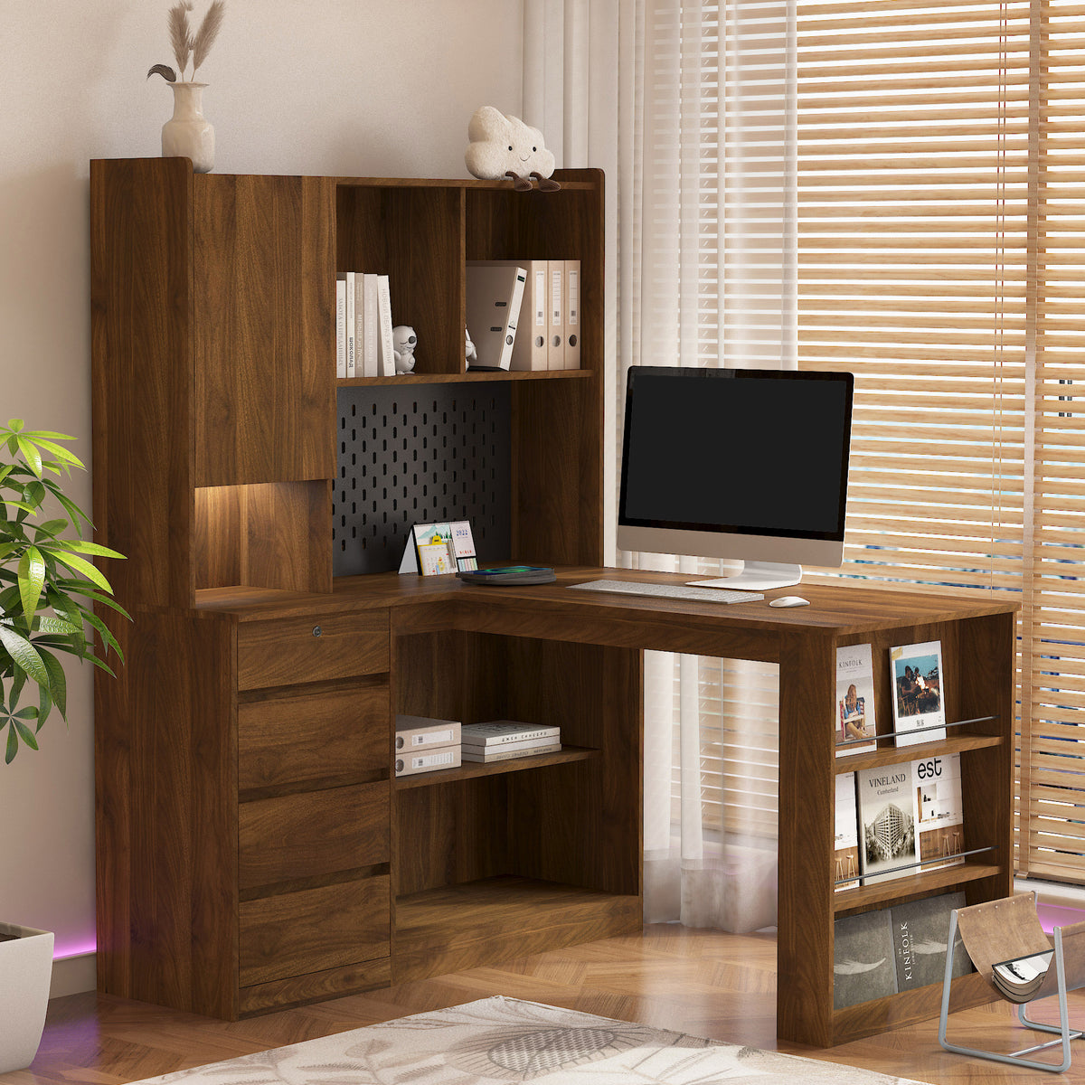 L-Shaped Corner Desk with Drawers and LED Light