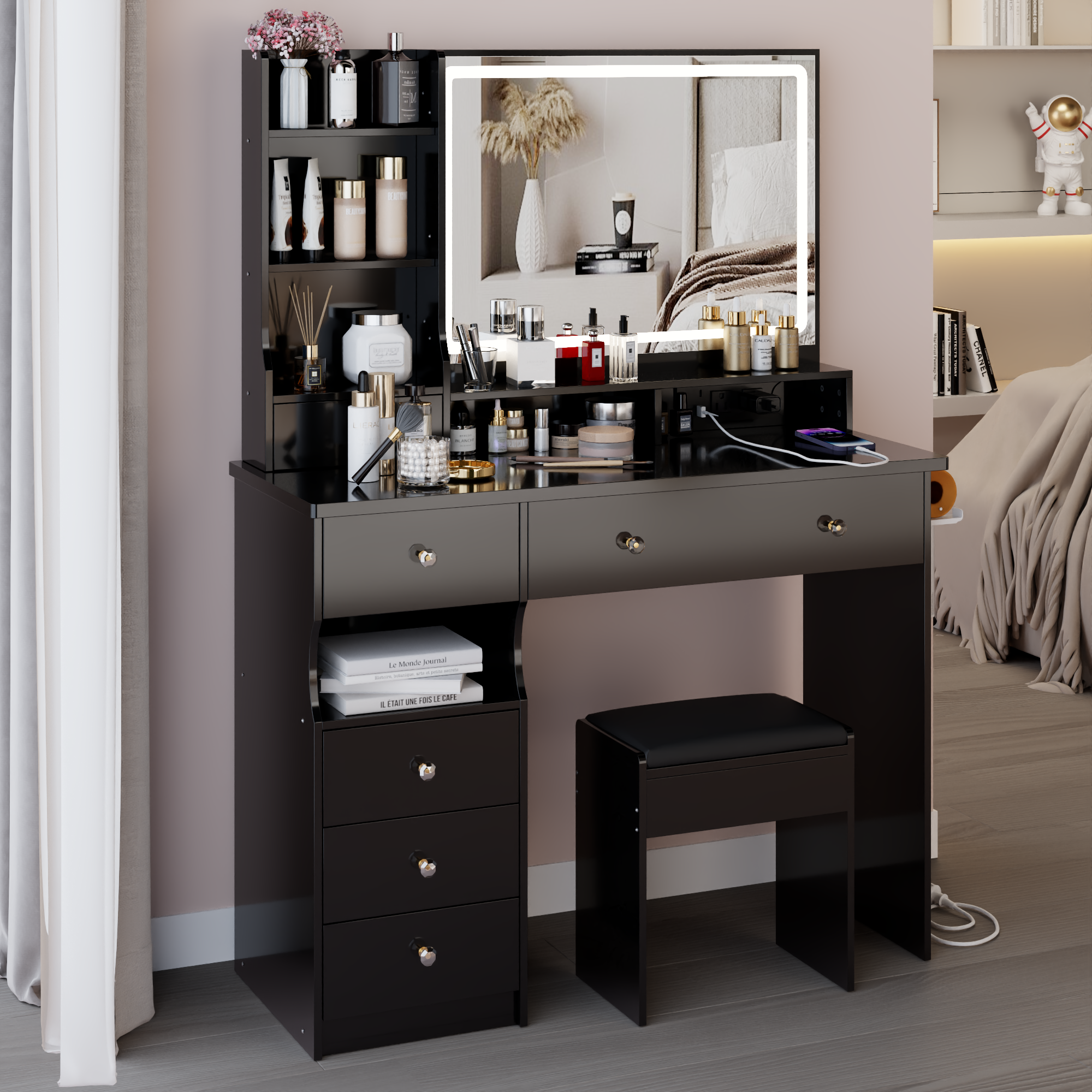 41" Large Vanity Desk Set with Cushioned Stool & LED Mirror
