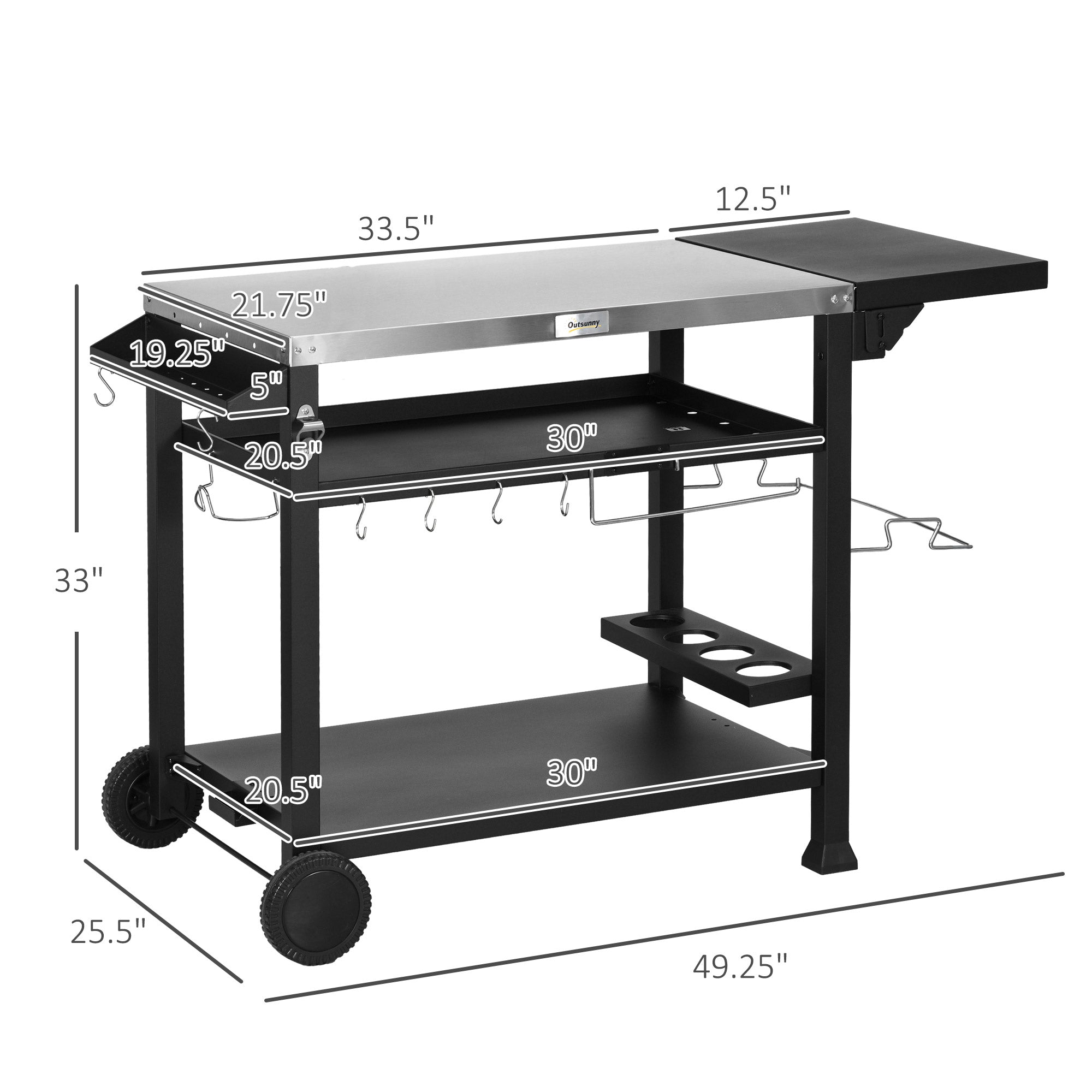 3-Shelf Stainless Steel Grill Cart with Foldable Side Table