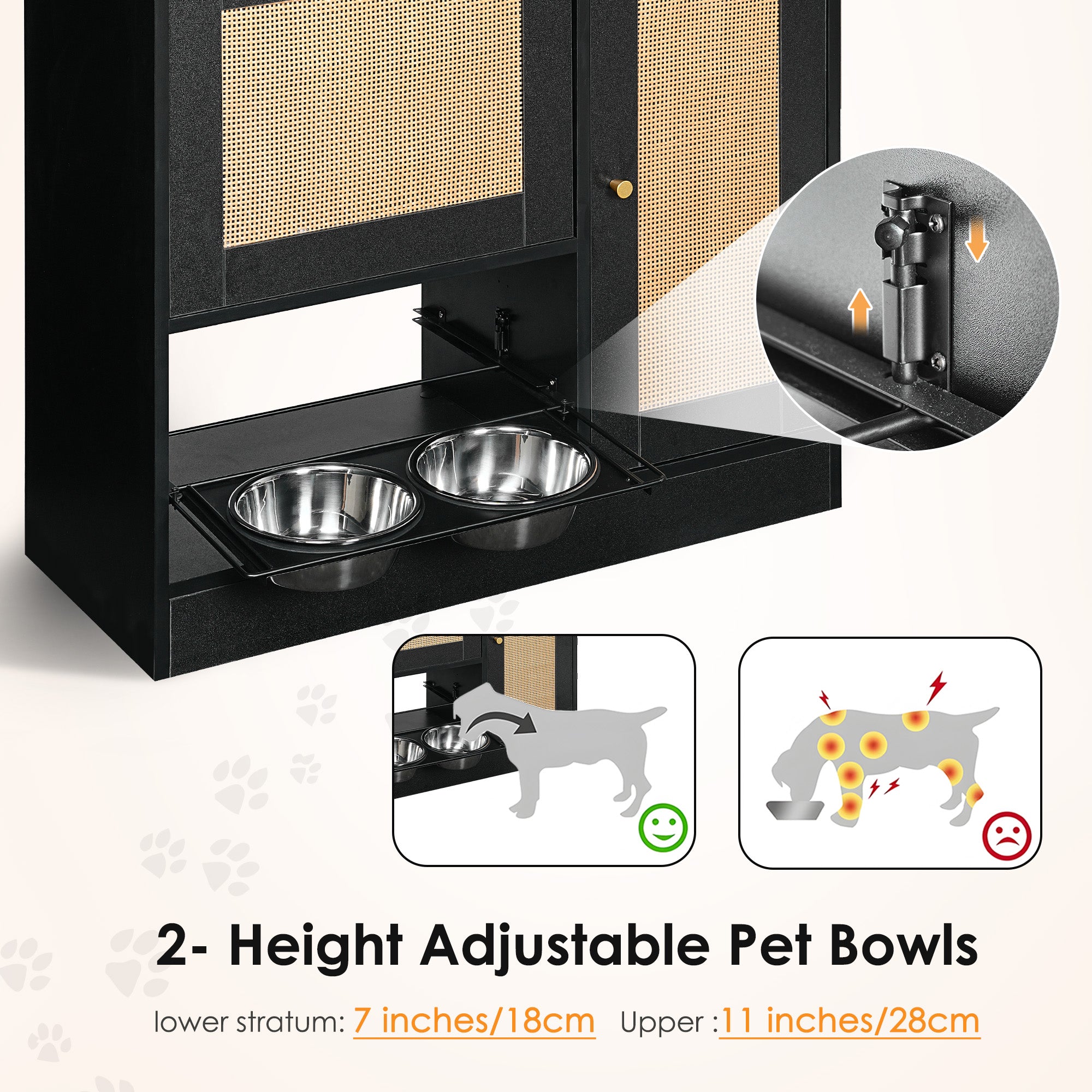 Elevated Dual Pet Feeding Station with Rattan Door & Hooks