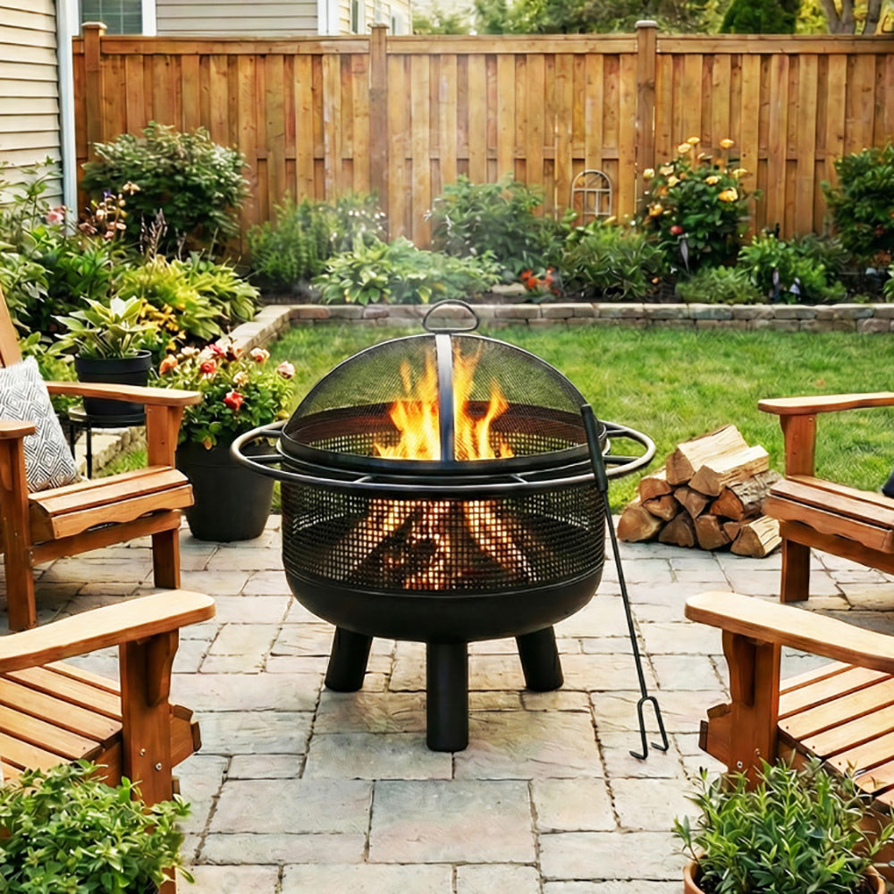 24 Inch Wood Burning Fire Pit with Log Grate and Mesh Screen