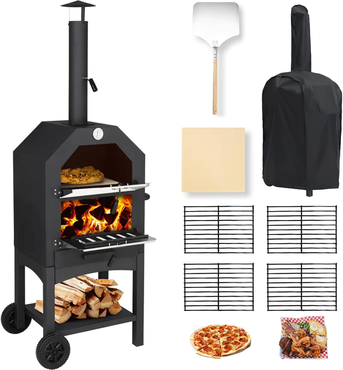 Portable Wood Fired Pizza Oven with Wheels & Accessories