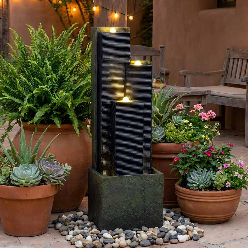 39 Inch Outdoor Cascading Water Fountain With LED Lights