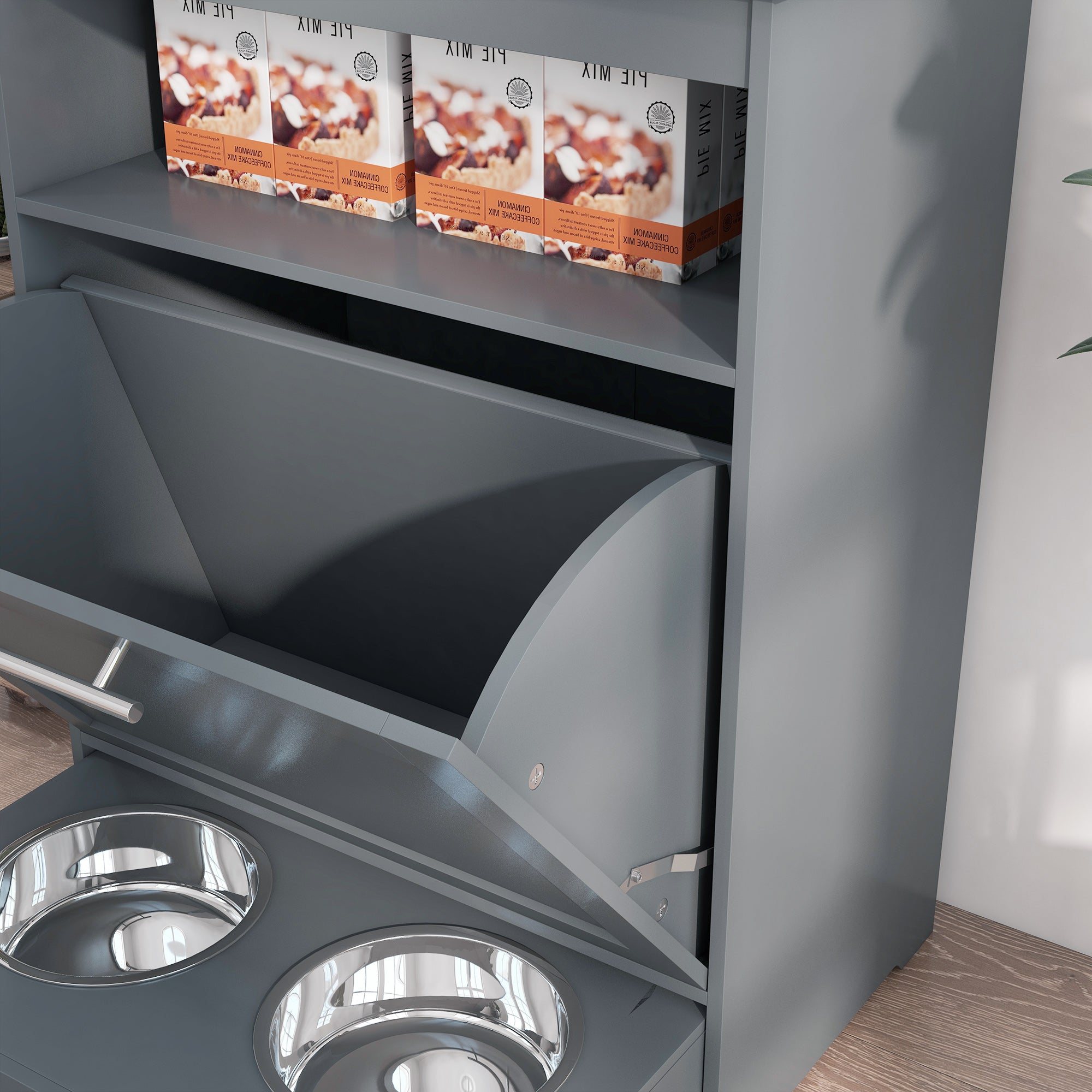 Dog Raised Bowl Feeder Station Storage Cabinet, Gray