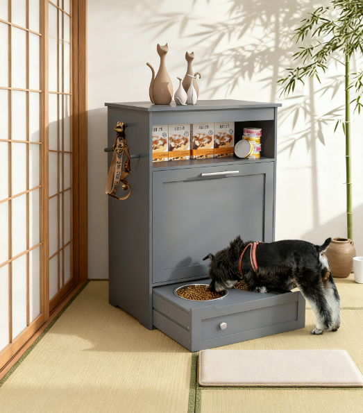 Dog Raised Bowl Feeder Station Storage Cabinet, Gray