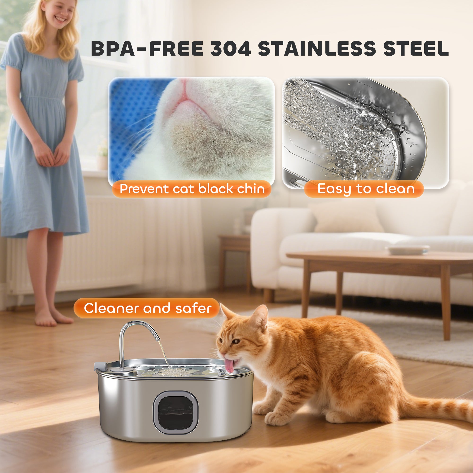 7L Stainless Steel Cat Water Fountain with Ultra-Quiet Pump