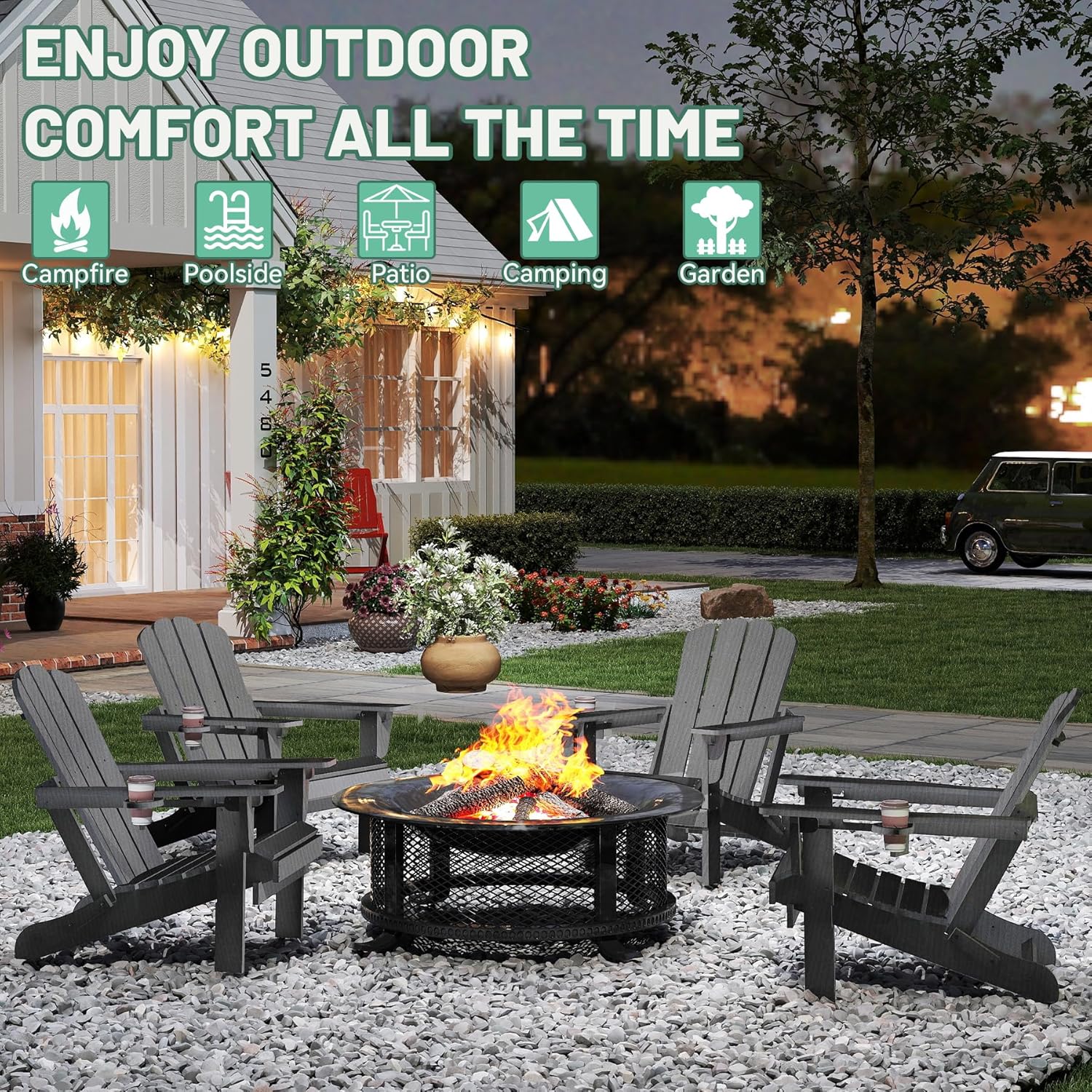 HDPE Plastic Adirondack Chair with Cup Holder - Gray