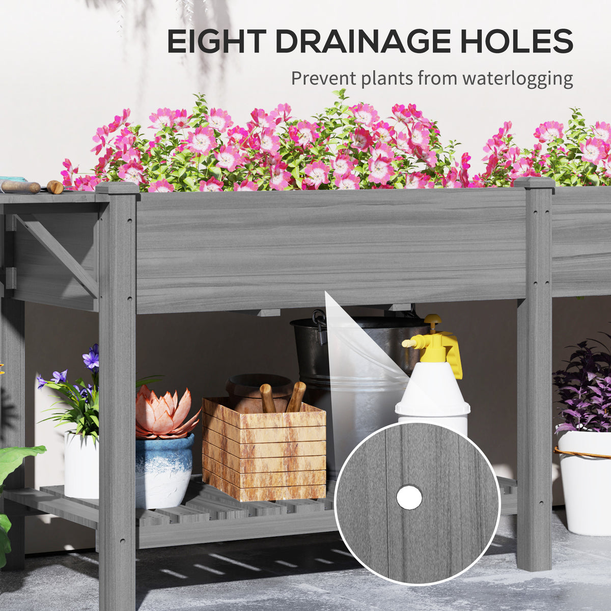 Wood Raised Garden Box with Side Table & Bottom Shelf