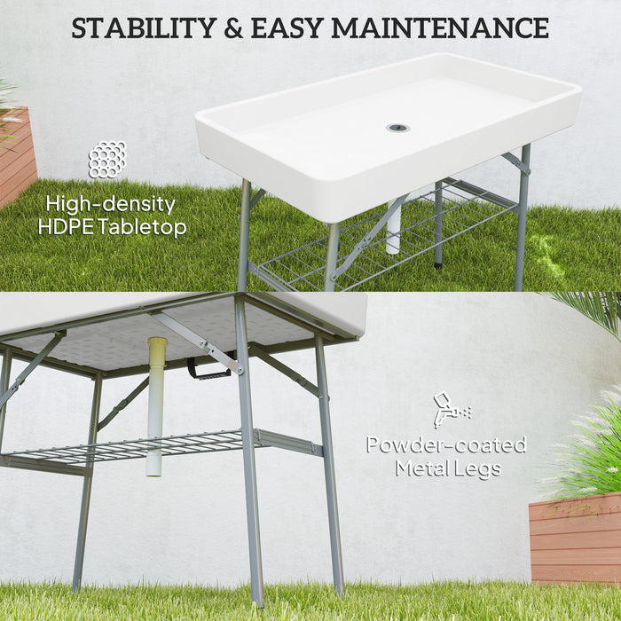 3.4ft Folding Ice Cooler Table with Drain and Storage Shelf